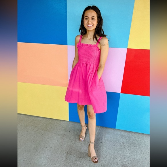 NWOT HEY DARLING SMOCKED MINI DRESS - LIGHT RASPBERRY - Picture 1 of 4